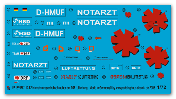 Peddinghaus-Decals 1:72 1691  BC 117-B2 Intensivtransporthubschrauber der DRF Luftrettung