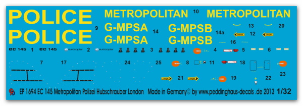 Peddinghaus-Decals 1:32  1694  EC 145 Metropolitan Polizeihubschrauber London G-MPSA