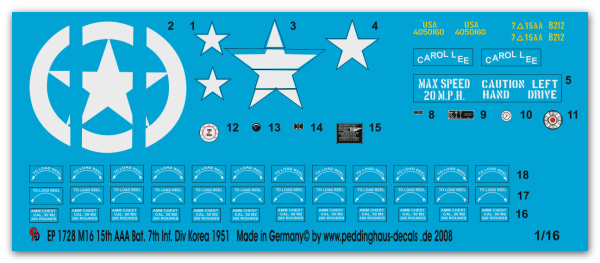 Peddinghaus-Decals 1:16 1728 M 16 15th AAA Battalion 7th Inf Div. Korea 1951