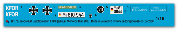 Peddinghaus-Decals 1:16 1737 Leopard A4 Einsatzbataillon 1 MNB (S) Raum Orahovac März 2000
