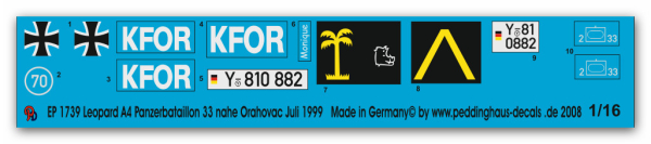 Peddinghaus-Decals 1:16 1739 Leopard A4 Panzerbattaillon 33 nahe Orahovaac Juli 1999
