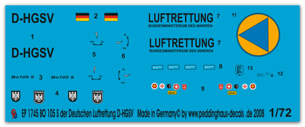 Peddinghaus-Decals 1:72 1745 BO 105 S rescue helicopter of the Deutschen Luftrettung D-HGSV