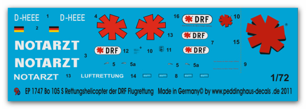 Peddinghaus-Decals 1:72 1747 Bo 105 s Rescue helicopter of the  DRF marking D-HEEE