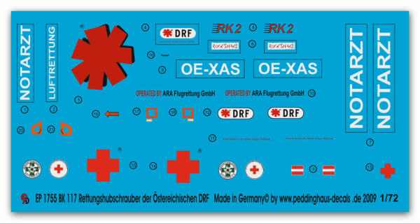 Peddinghaus-Decals 1:72 1755  BK 117 Rescuehelicopter OE-XAS  austrian service