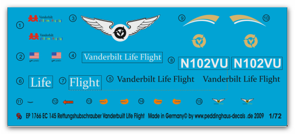 Peddinghaus-Decals 1:72 1766  EC 145 Rescuehelicopter Vanderbuilt Life Flight USA