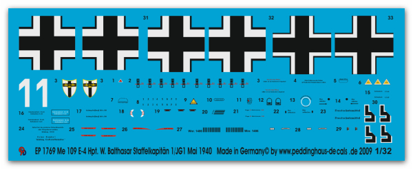 Peddinghaus 1/32 1769  Me 109E-4 Hpt. Wilhelm Balthasar Staffelkapitän 1/JG 1 May 1940