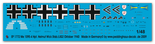 Peddinghaus-Decals 1:48 1772 Me 109E-4 Hpt. Helmut Wick Stab 1/JG 2 Oktober 1940