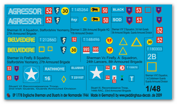 Peddinghaus-Decals 1/48 1778 6 english Shermans and 2 Stuart tanks in Normandy 1944