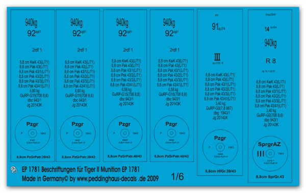 Peddinghaus-Decals 1:6 1781  Tiger II  und Pak 43 Munitionsbeschriftungen für ep 1718