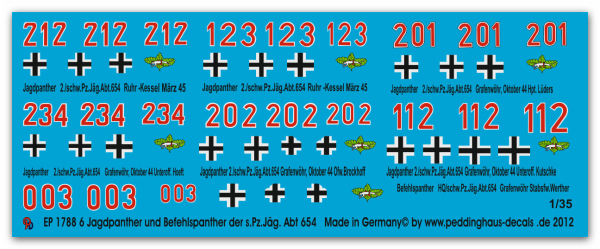 Peddinghaus-Decals 1:35 1788  6 hunting Panther and 1 Command Panther  s. Pz.Jäg. Abt 654 1944-45