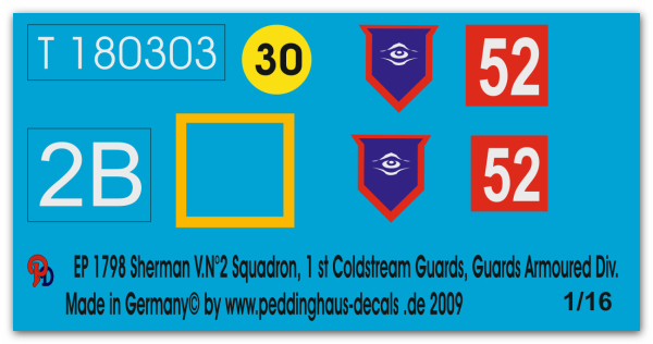 Peddinghaus-Decals 1:16 1798 Sherman VN° 2 Squadron, 1 st Coldstream Guards, Guards Armoured Div