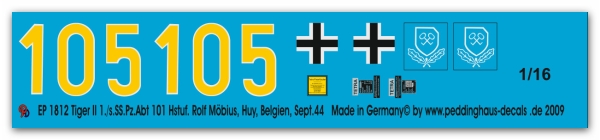 Peddinghaus-Decals 1:161812 Tiger II 1./s.SS.Pz. Abt 101 Hstuf. Rolf Möbius, Huy, Beglien September 44