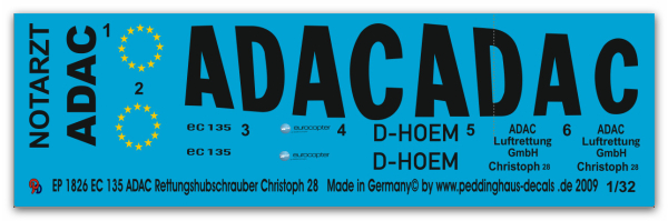 Peddinghaus-Decals 1:32  1826  EC 135 ADAC Rettungshubschrauber Christoph 28