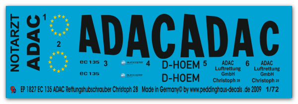 Peddinghaus-Decals 1:72 1827  EC 135 ADAC Rescue Helicopter Christoph 28
