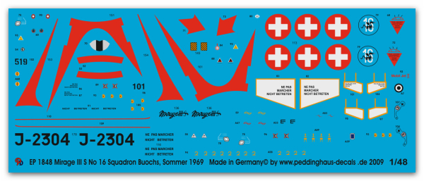 Peddinghaus-Decals 1:48 1848 Mirage III S No 16 Squadron Buochs, Sommer 1969