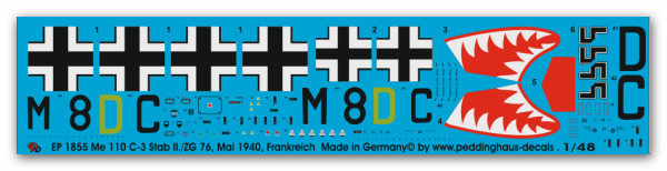 Peddinghaus-Decals 1:48 1855 Me 110 C-3 Stab II./ZG 76 Mai 1940 , Frankreich