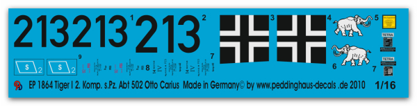 Peddinghaus-Decals 1:16 1864 Tiger I e frühe Ausf. schw. Pz. Abt 502 Otto Carius