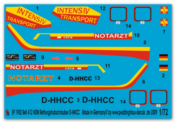 Peddinghaus-Decals 1:72 1902  Bell 412 Hubschrauber der HDM Flugservice München-Nürnberg D-HHCC