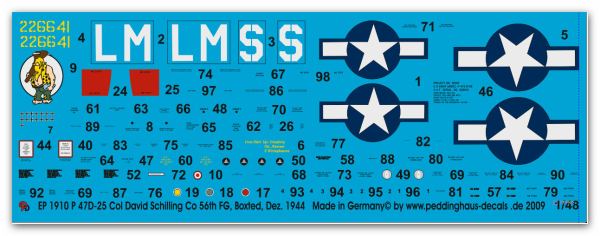 Peddinghaus-Decals 1:48 1910 P 47D-25 Col David Schilling CO 56 th FG, Boxted, Dezember 1944
