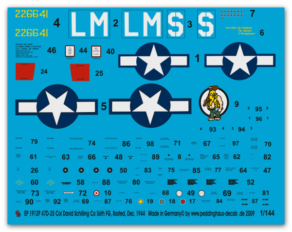 Peddinghaus-Decals 1:144 1912 P 47D-25 Col David Schilling CO 56 th FG, Boxted, Dezember 1944