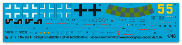 Peddinghaus-Decals 1:48 1916 Me 262 A-1a Objektschutzstaffel 1./JV 44 Lechfeld 04/45