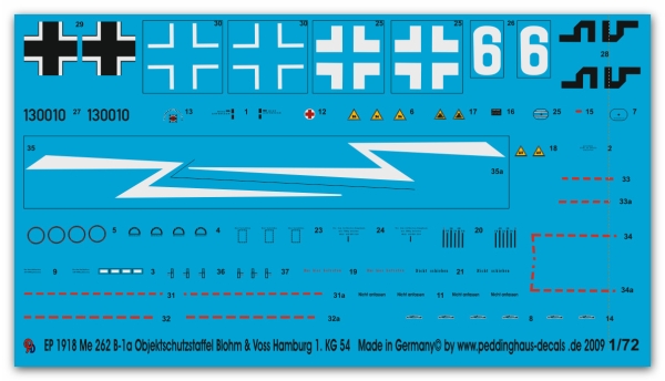 Peddinghaus-Decals 1/72 1918 Me 262 B-1a Objektschutzstaffel Blohm & Voss Hamburg 1.KG 54 11/44