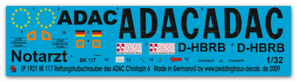 Peddinghaus-Decals 1:32  1921  BK 117 Rettungshubschrauber des ADAC Christoph 6 D-HBRB