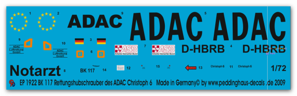 Peddinghaus-Decals 1:72 1922  BK 117 Rettungshubschrauber des ADAC Christoph 6 D-HBRB