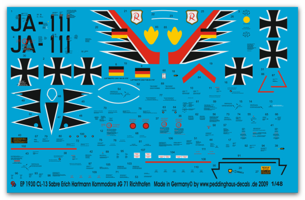 Peddinghaus-Decals 1:48 1930 CL-13 Sabre Mk 6  Erich Hartmann Kommodore des JG 71 Richthofen
