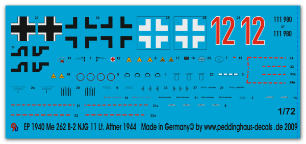 Peddinghaus-Decals 1/72 1940 Me 262 B-2 NJG 11 Lt. Attner 1944