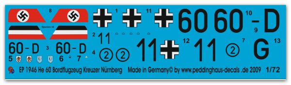 Peddinghaus-Decals 1/72 1946 He 60 Bordmaschine Kreuzer Nürnberg