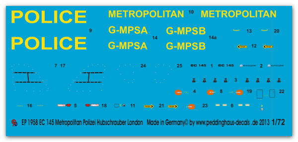 Peddinghaus-Decals 1:72 1958 EC 145 Metropolitan Police Helicopter London
