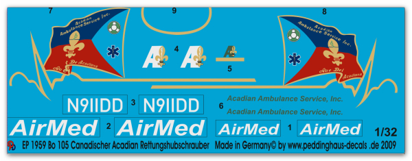 Peddinghaus-Decals 1:32  1959  Bo 105 Acadian Rettungshubschrauber USA-Kanada