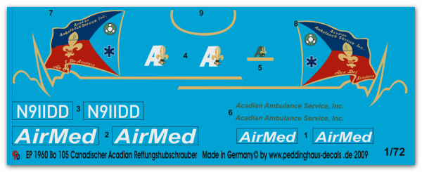 Peddinghaus-Decals 1:72 1960  Bo 105 Acadian Rettungshubschrauber USA-Kanada