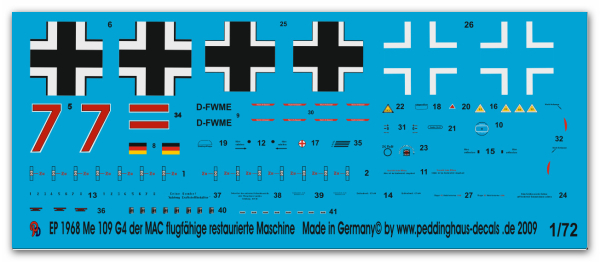 Peddinghaus-Decals 1/72 1968 Me 109 G4 restaurierte Maschine der MAC