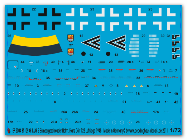 Peddinghaus-Decals 1/72 2004 Bf 109 G III/JG 5 Eismeergeschwader Hptm Franz Dörr 122 Luftsiege