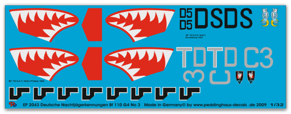 Peddinghaus 1/32 2043  2 markings for Bf 110 Nightfighter with sharkmouth