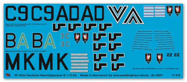 Peddinghaus 1/32 2044 3 markings for BF 110 G4 Nightfighter acces Schaufer-Zommer Becker