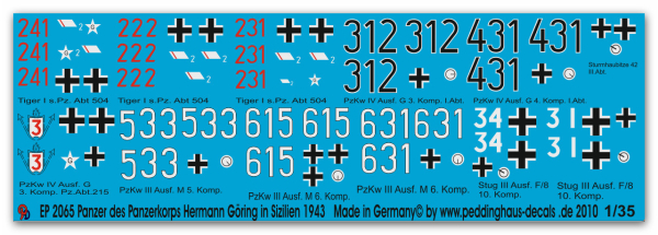 Peddinghaus-Decals 1:35  2065 Tank markings of the Panzerkorps Hermann Göring in Itlay 1943