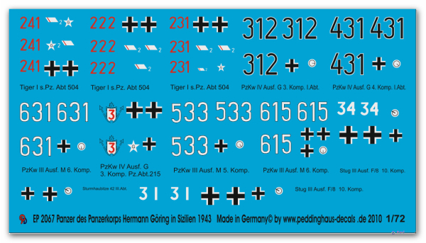 Peddinghaus-Decals 1:72 2067  Panzer des Panzerkorps Hermann Göring in Sizilien 1943