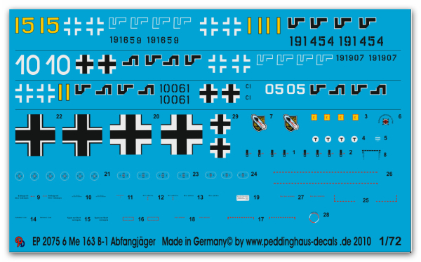 Peddinghaus-Decals 1/72 2075 Beschriftungen für 6 Me 163 Raketenabfangjäger