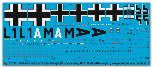 Peddinghaus-Decals 1:48 2077 Ju 88 A-5 Hauptmann Jochen Helbig 4./LG1 Orleans-Bricy 1940