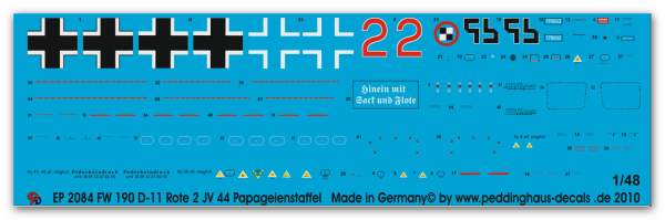 Peddinghaus-Decals 1:48 2084 FW 190 D-11 rote 2 des JV 44 Papageienstaffel Dirschauer