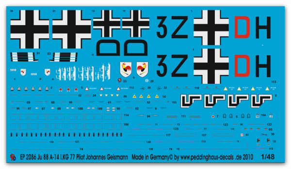 Peddinghaus-Decals 1:48 2086 Ju 88 A-14 I KG 77 Johannes Geismann
