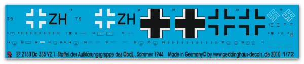 Peddinghaus-Decals 1/72 2130 Do 335 V2 1. Staffel der Aufklärungsgruppe des ObdL, Sommer 44