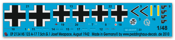 Peddinghaus-Decals 1:48 2134 HS 123 A-17 7.Sch.G.1 Josef Meapace August 1942