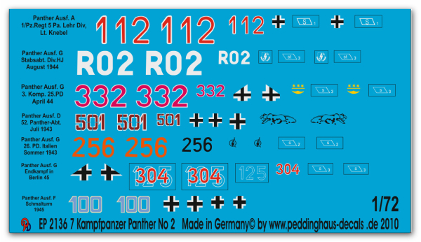 Peddinghaus-Decals 1:72 2136 7 verschiedene Panther Kampfpanzer No 2