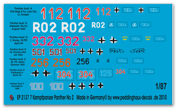 Peddinghaus 1/87 2137 7 different Panther tank markings No 2