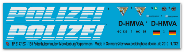 Peddinghaus-Decals 1:32  2147  EC 135 Polizeihubschrauber Mecklenburg-Vorpommern D-HMVA