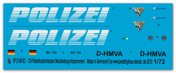 Peddinghaus-Decals 1:72 2148  EC 135 Polizeihubschrauber Mecklenburg-Vorpommern D-HMVA